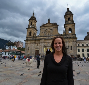 Sarah in front of the Cathedral of Bogota